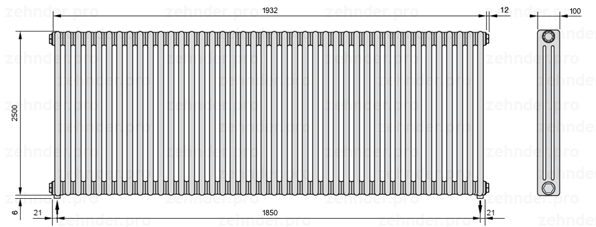 Схема (чертеж) Радиатор Zehnder Charleston 3250/42 №5310 Белый глянцевый RAL 9016